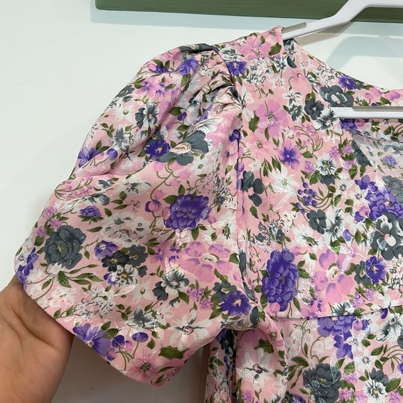 Vintage pink short puff sleeve midi day dress purple white floral print - Picture 3 of 7